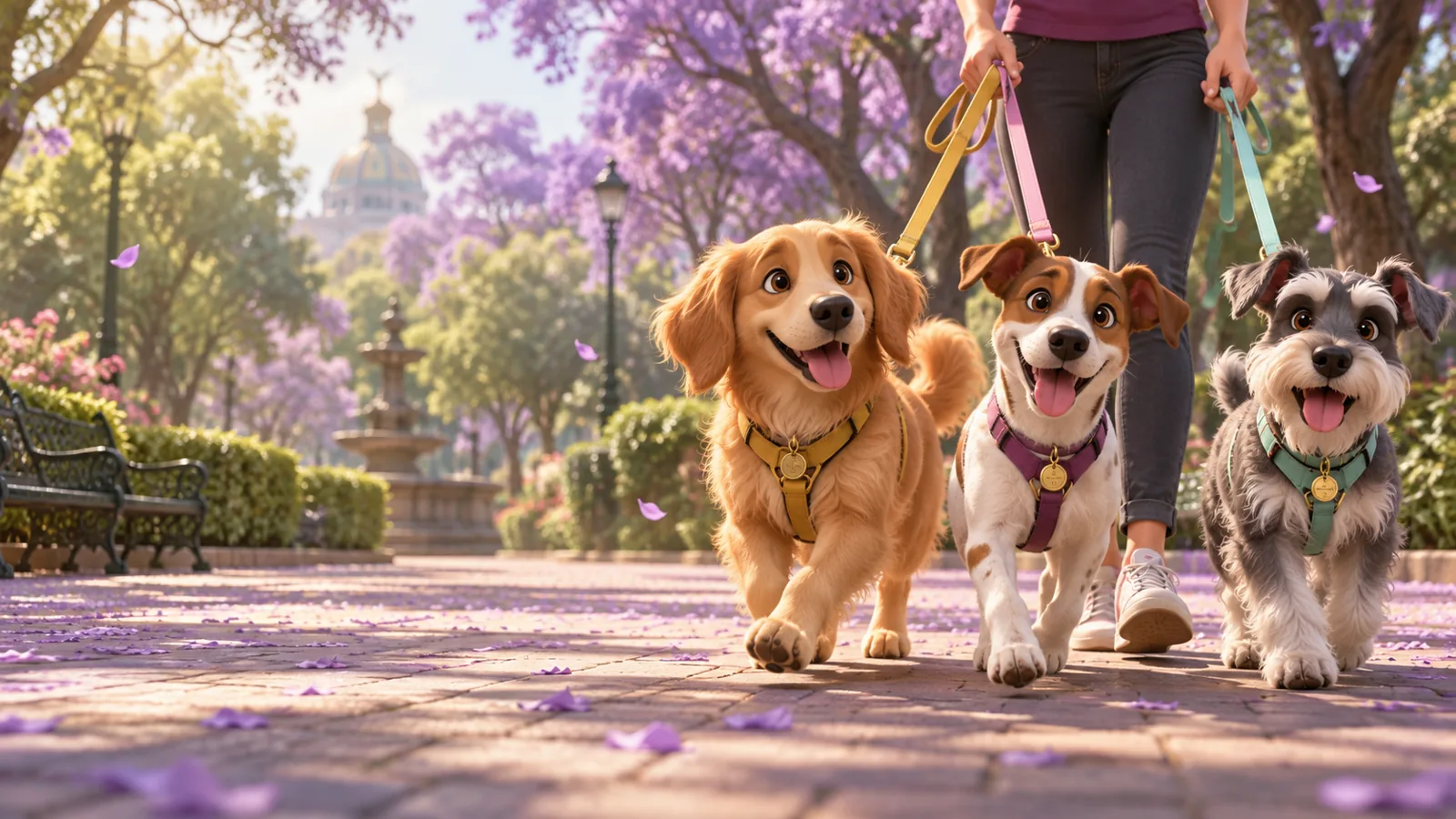 Tres perros corriendo felices con su correa